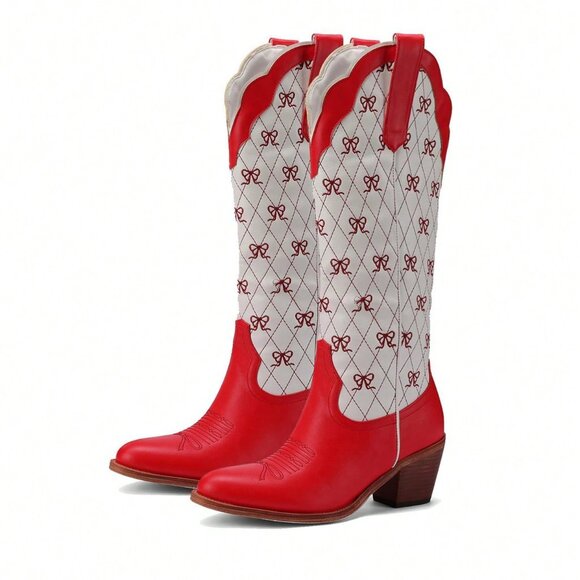 Red Chic Women's Knee High Cowboy Boots with Chunky Heel - Picture 4 of 5